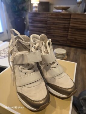 Michael Kors Cream and Gold High-Top Sneakers with Strap